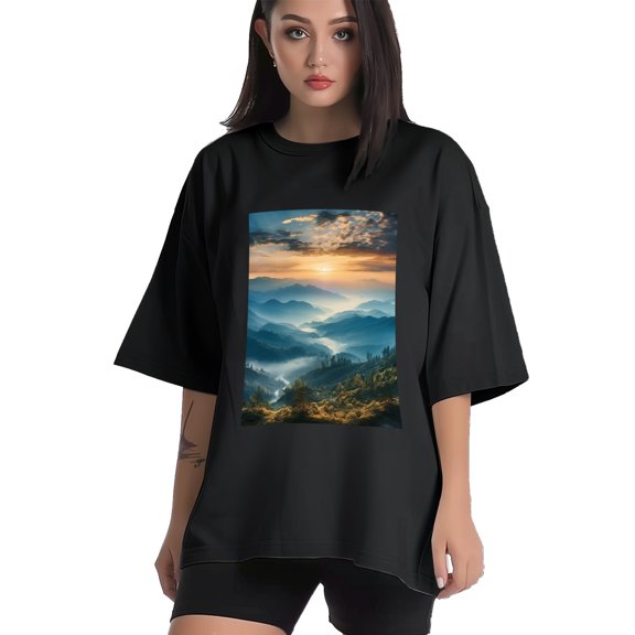 Plus Size Shirt for Women Black Tops for Women Short Sleeves Shirt for Women Top Mountain View2 T Shirt Crewneck Shirt for Women XS
