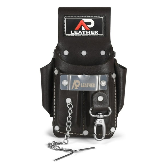 Ap-Leather Pro-5 Electrician Pouch, Leather Tool Pouch, 5 Pocket Pouch with Electrical Tape Holder, Durable Compartments, Tool Pouch with Belt Clip, Chocolate