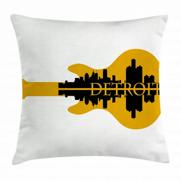 Detroit Decor Throw Pillow Cushion Cover, High Rise Buildings Silhouette Reflection Electric Guitar Instrument Music, Decorative Square Accent Pillow Case, 16 X 16 Inches, Yellow Black, by Ambesonne