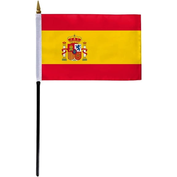AGAS Spain Flag 4x6 inch - 11" Plastic Pole 100% Outdoor Polyester Stitched Edges Spanish Mini Flag on a Stick