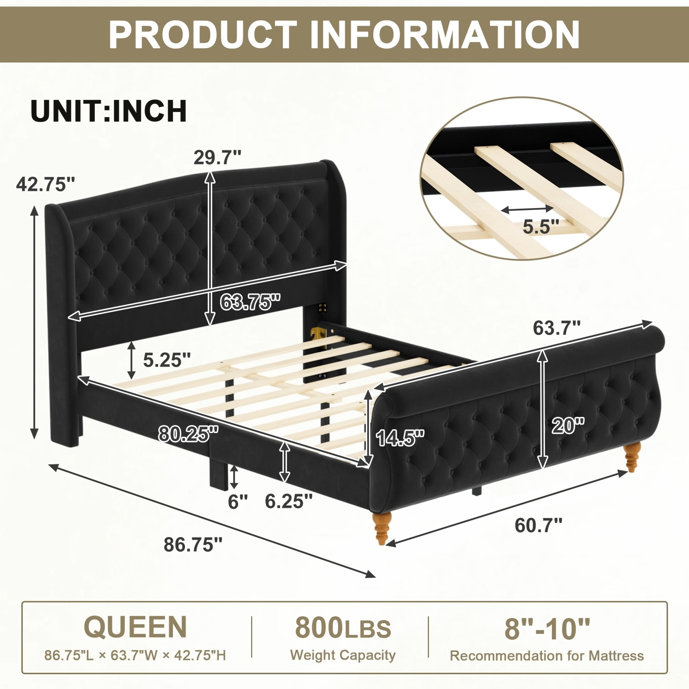GDF Studio Orlan Queen Size Velvet Upholstered Sleigh Platform Bed Frame with Wood Slat Support, Modern Design, Black