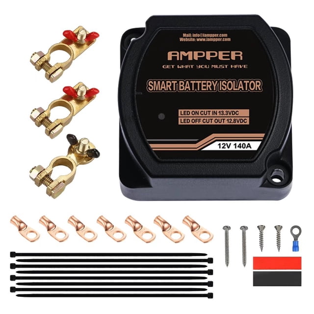12V 140Amp Dual Battery Isolator, Ampper Battery Voltage Sensitive Relay (VSR) Smart Battery Isolator for Car and More (with Battery Terminals, NO Cable)