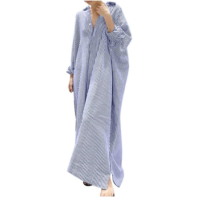 RKSTN Robe à Manches Longues pour Femmes Mode d'Automne Coton à Rayures Col à Revers Robe Ample Irrégulière Cardigan à Col en V Robe Maxi