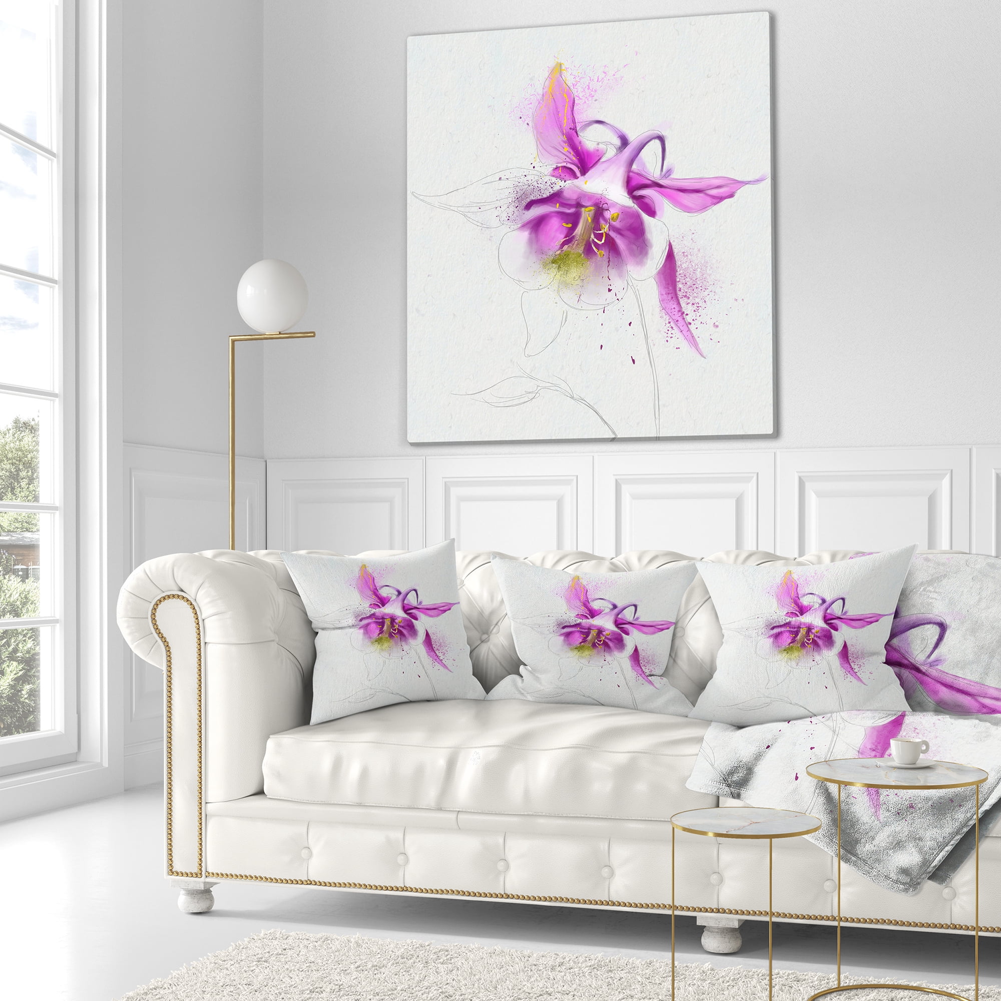 Designart Purple Aquilegia Watercolor Sketch - Floral Throw Pillow - 16x16