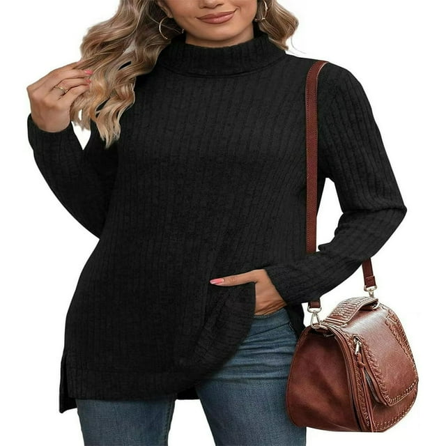 Ribbed Turtleneck Top for Women - Long Sleeve Basic Shirt with Side Slit