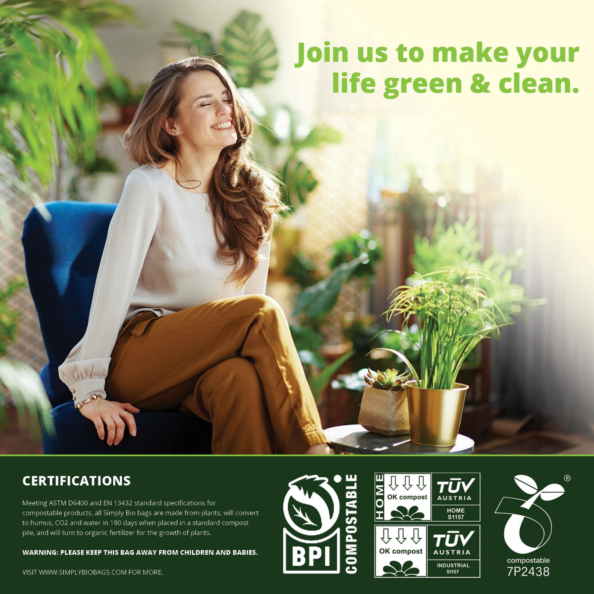 Simply Bio 1.6 Gallon Compostable Trash Bags Drawstring, Heavy Duty Extra Thick 0.6 Mil, 6.06 Liter, 50 Bags, Small Kitchen Food Scrap Waste Bag, ASTM D6400, US BPI and OK Compost Home Certified