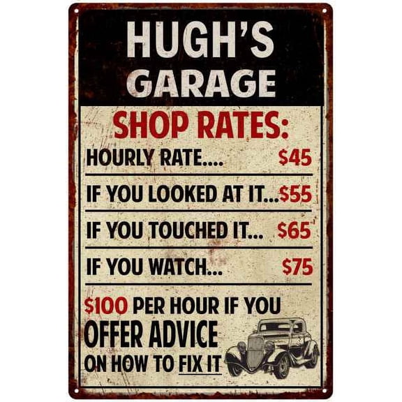 HUGH'S Garage Shop Rates Sign Man Cave Decor 8 x 12 High Gloss Metal 208120010257