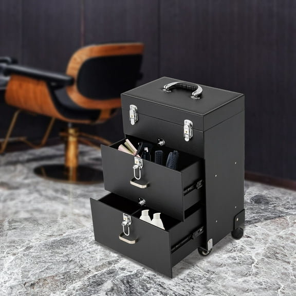 Rolling Makeup Train Case Aluminum Salon Cosmetic Trolley Organizer Box with Drawer