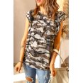 thumbnail image 3 of ABPHQTO Camiseta de mujer gris con estampado de camuflaje y manga casquillo con volantes, 3 of 5