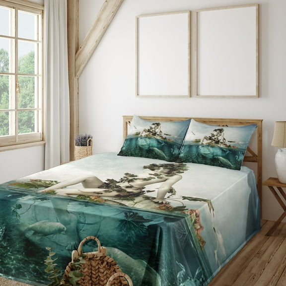 Ambesonne Dark Blue Fitted & Top Sheet Set with Shams, Mermaid on a Shell, Blue Beige Teal