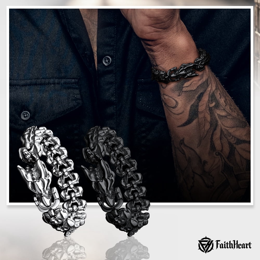 FaithHeart Viking Dragon Bracelet for Men with Always Remember Card, Vintage Black Stainless Steel Gothic Curb Link Chain Bracelet Fahion Hippop Jewelry Gift for Friends Thanksgiving 23MM