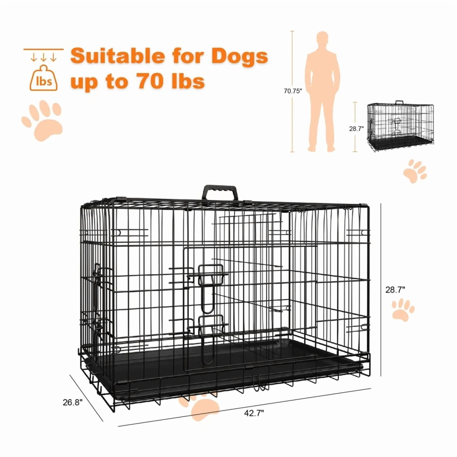 Dog Crate for Large Dogs 42 Inch Folding Metal WirePet Cage Double Door W/Divider Panel Indoor Outdoor Kennel Leak-Proof Plastic Tray
