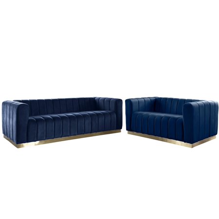 Glam Navy Velvet Channel Tufted Sofa Set 2Pcs MARLON Meridian Contemporary