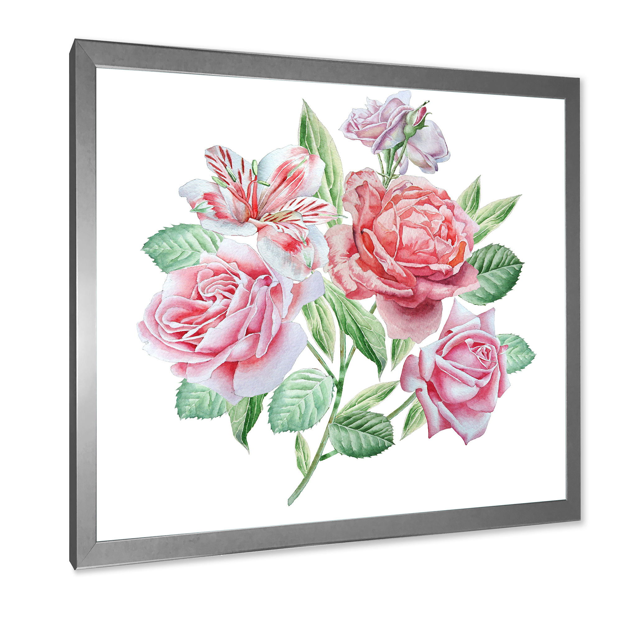 Spring Flowers Alstroemeria Pink Roses 30 in x 30 in Framed Painting Canvas Art Print, by Designart
