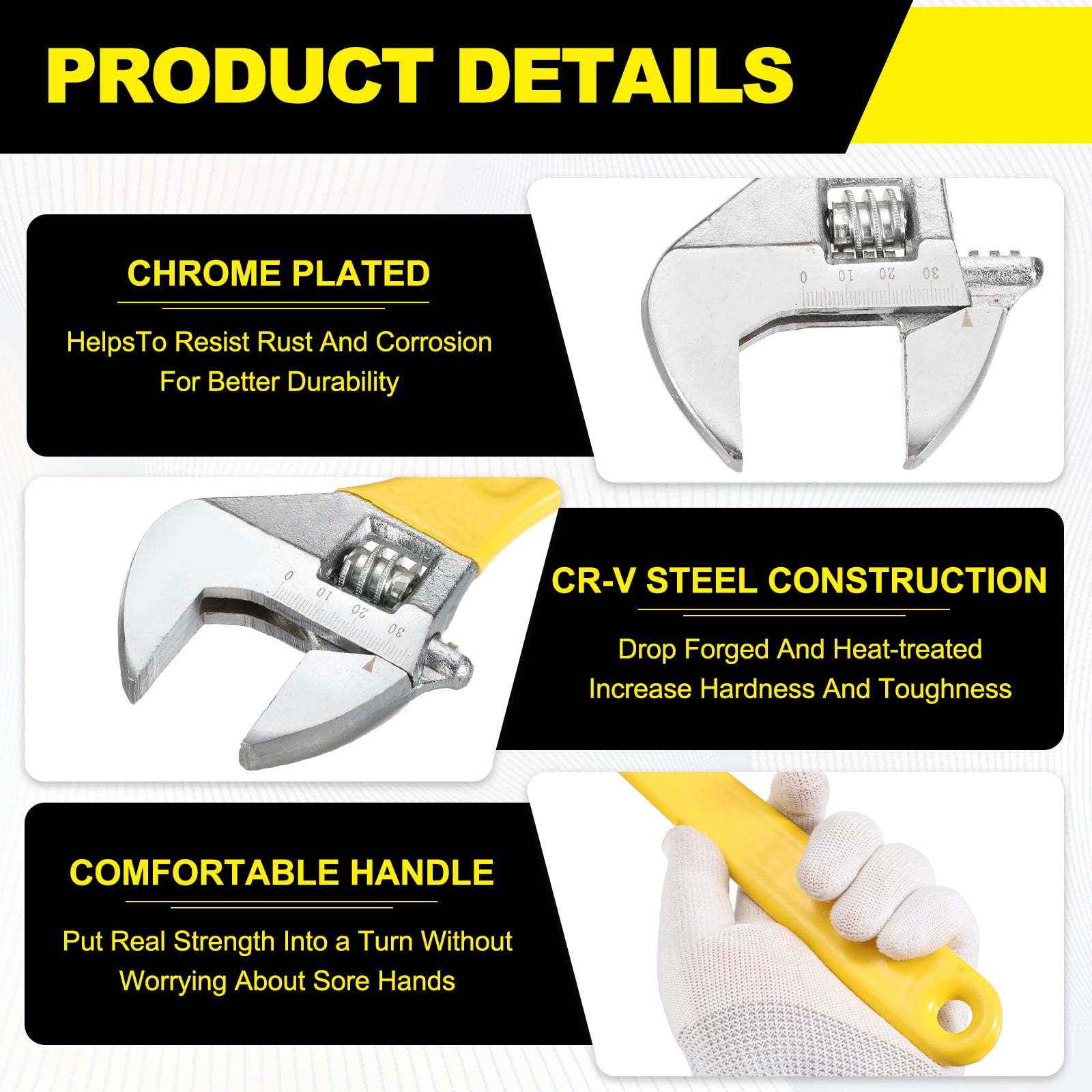Uxcell Adjustable Wrench 12" High Carbon Steel Industrial Wide Jaw Wrench Adjustable Repairs Spanner Tool with Graduated Scale for Home Garage Workshop Plumbing, Yellow