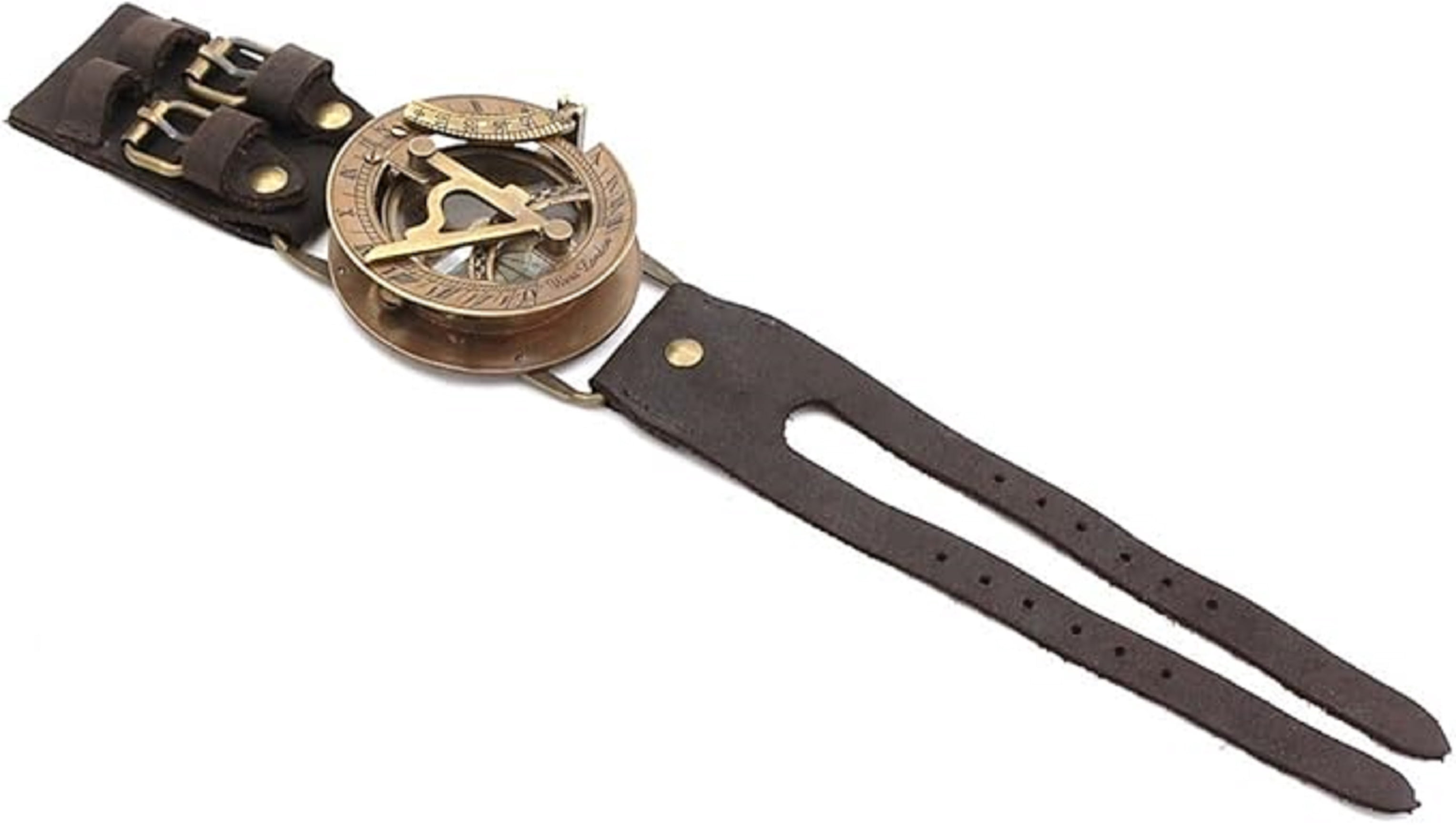 Rii Brand Brass Sundial Wrist Band with Leather Strap Working Compass 2.5"