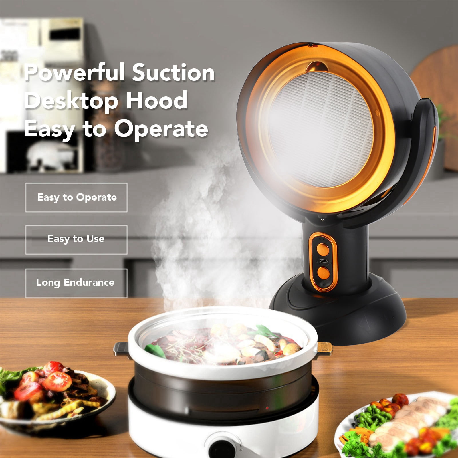 BIMZUC Desktop Range Hood 2 Speed Negative Ion USB Powered Portable Kitchen Exhaust Fan for Apartment 5V 8W, Black and Gold