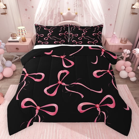 jejeloiu Cartoon Bow Tie Bedding Comforter Set,Kawaii Bowknot Print Twin Comforter Sets,Pink Bowtie Ribbon Bedding Set For Girls Kids,Microfiber Bedroom Decor Reversible,2pcs