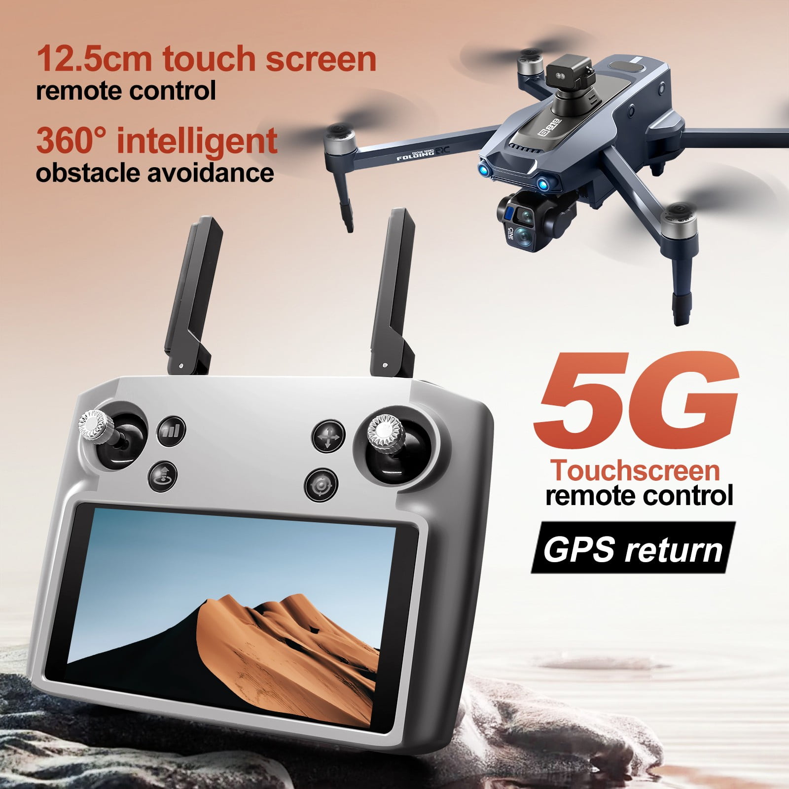 COM1950s Drone with Gps & 2.7K Camera,5 Inch Touch Screen Remote Control for Direct Viewing,Long Range 6000M Transmission with 5G,Foldable Design Featuring Laser Obstacle Avoidance,30Min Flight Time
