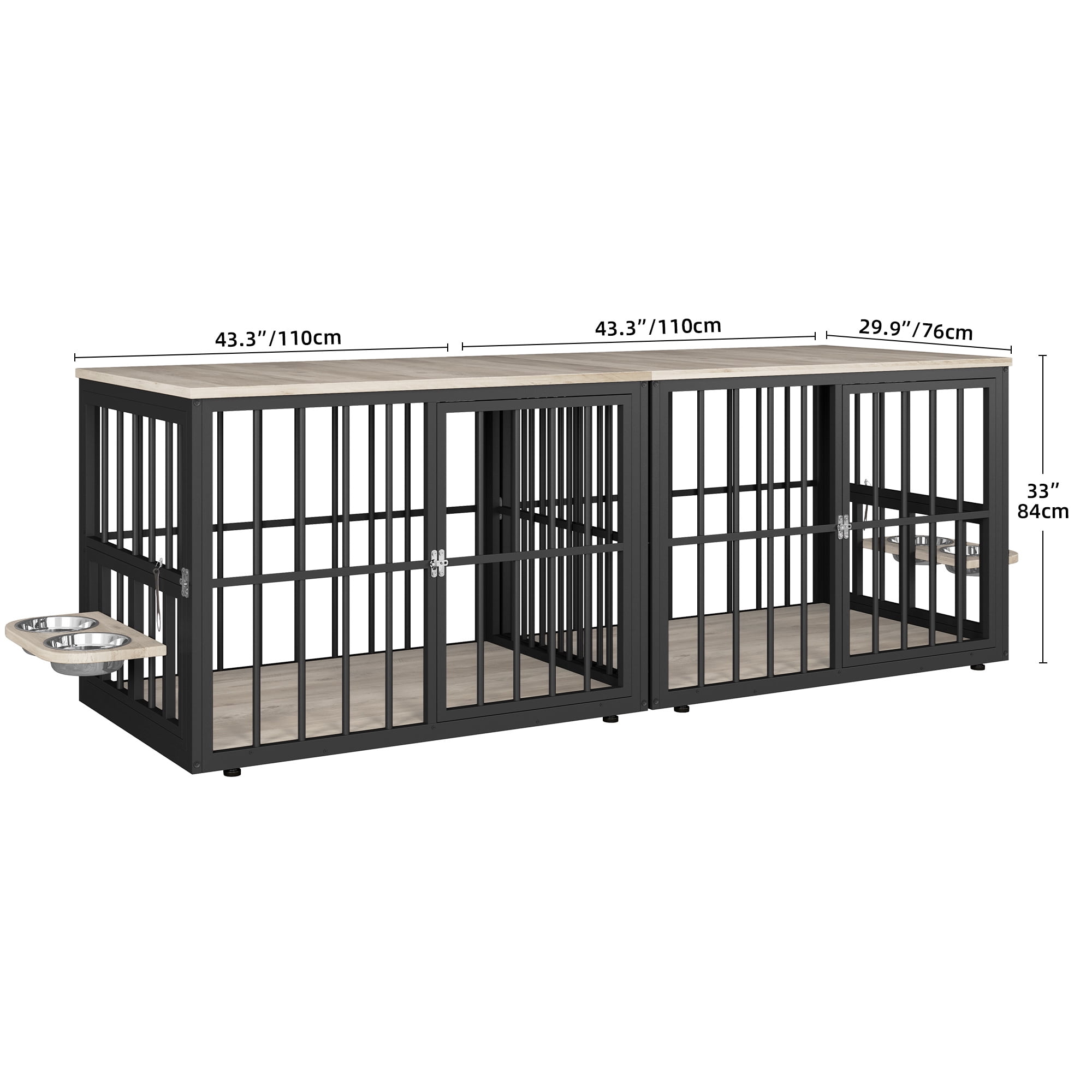 Uforic 88.6" Large Wooden Dog Crate Furniture with 3 Doors & 2 Rotatable Bowls, L-Shaped Adjustable Pet Cage TV Stand with Removable Partition for Medium Large Dogs, Gray