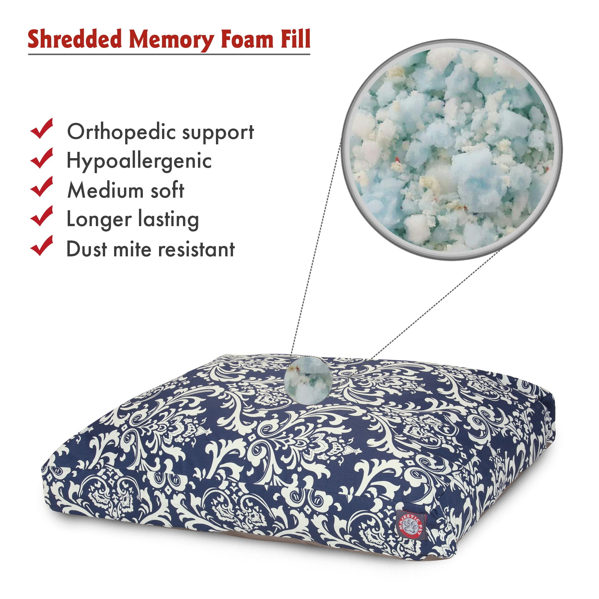 Majestic Pet | French Quarter Shredded Memory Foam Rectangle Pet Bed For Dogs, Removable Cover, Navy Blue, Large
