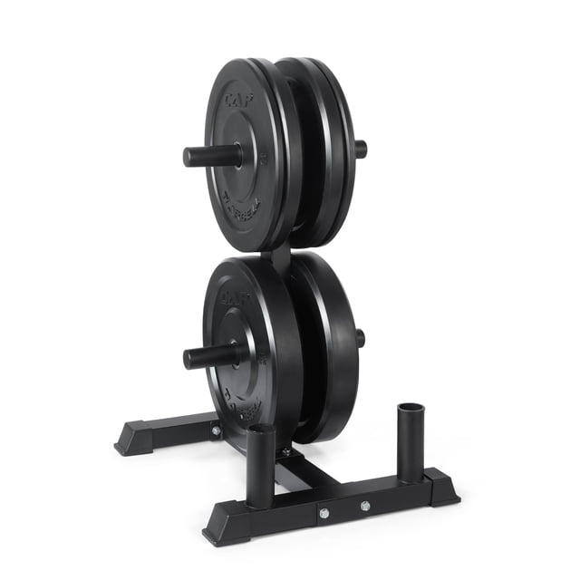 set de discos de peso cap barbell de 160 lb con rack de almacenamiento 160 lb (72.5 kg) — vista frontal 3/4 de rack compacto de acero con cuatro postes para discos y dos soportes verticales para barras; discos bumper negros de diámetro olímpico (orificio 5 cm) apilados en pares, recubrimiento de goma visible y base con tornillos expuestos; adecuado para organizar placas en gimnasios en casa.