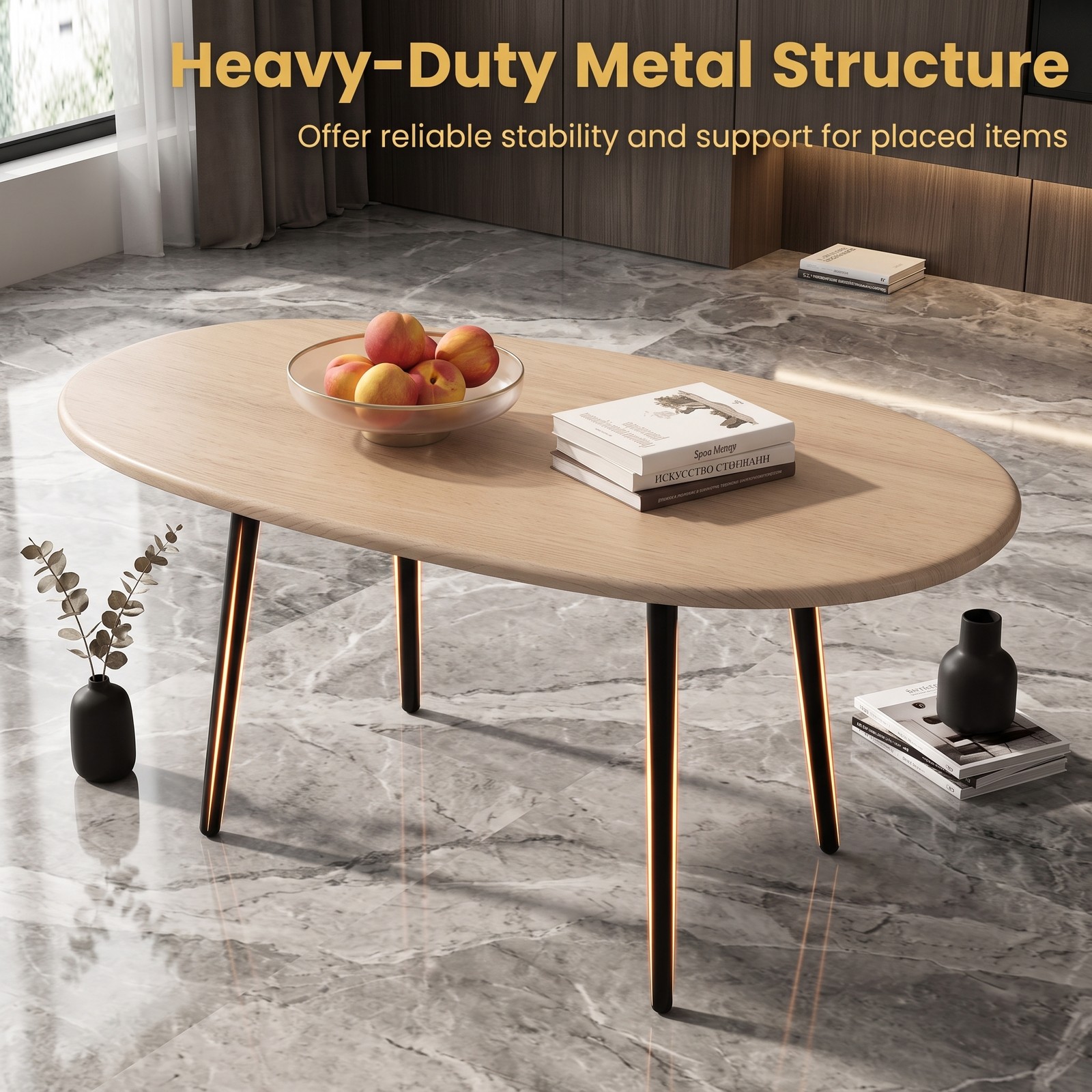 Furnibear Oval Coffee Table Mid Century Center Table with Sturdy Metal Frame, Open Storage Shelf & Adjustable Foot Pads for Living Room, Hallway & Lounge, Natural