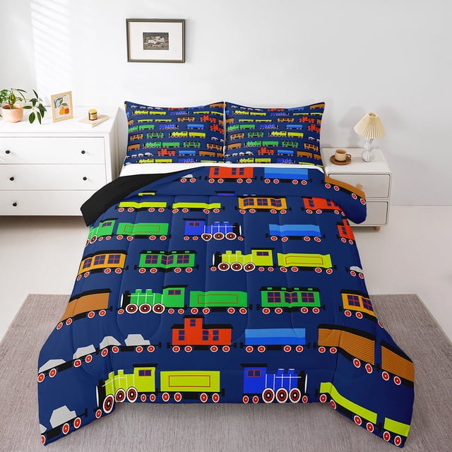Erosebridal Colorful Train Bedding Sets Twin with Comforter, Transportation Duvet Insert, Steam Engine Bedroom Decor, Reversible 2 Pieces