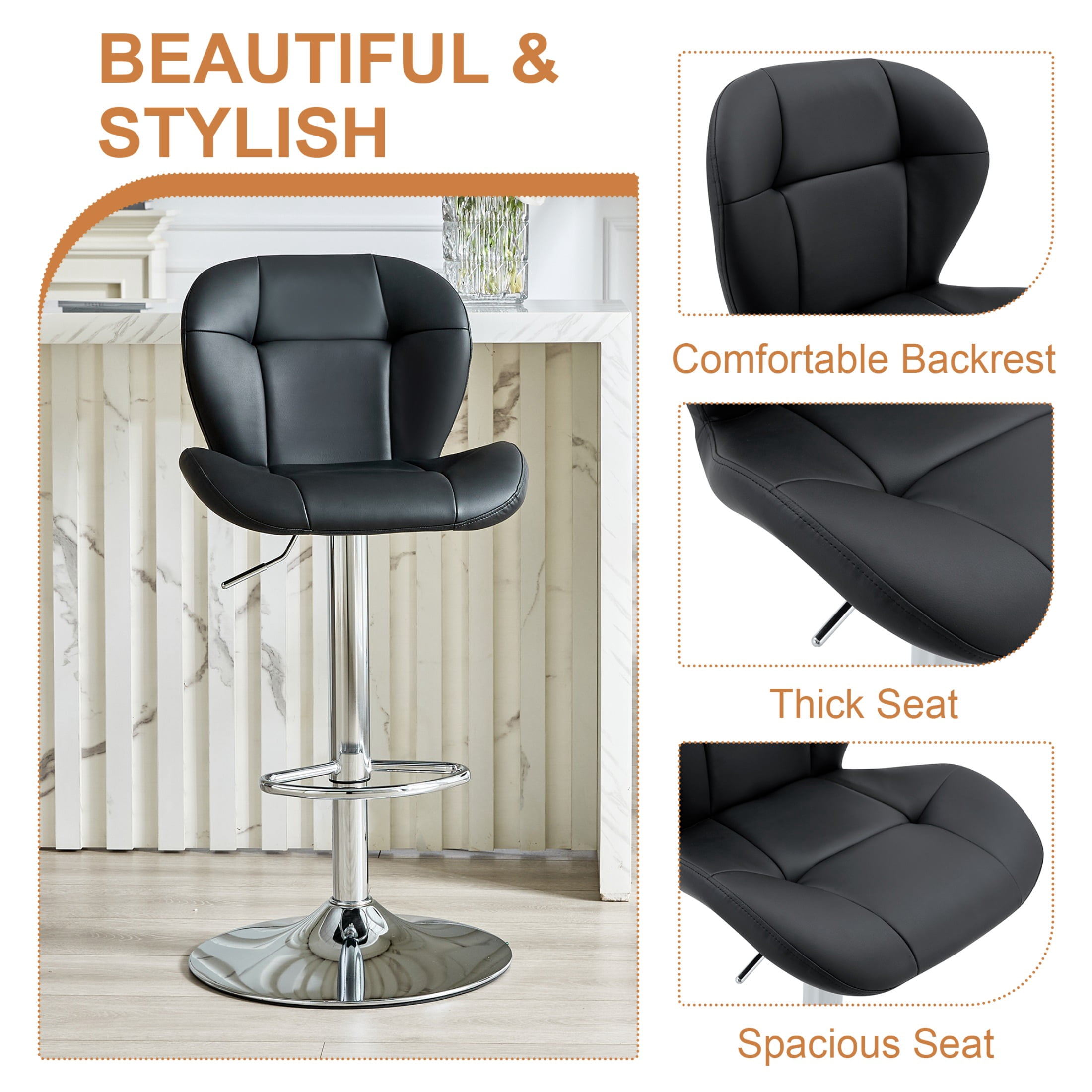 Bar Stools Set of 2, Black PU Leather Upholstered Adjustable Swivel Barstools, Adjustable Height Bar Chairs with Silver Metal Base & Footrest for Kitchen Island, Pub, Bar