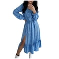 thumbnail image 2 of ClodeEU Womens Printed Slit V-Neck Long Sleeve Dress,Boho Floral Tunic Long Dresses Blue,Womens Plus XXXL, 2 of 5
