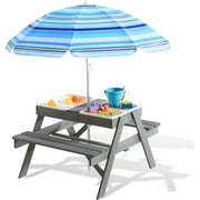 Beright 3-in-1 Kids Picnic Table, Play Sand and Water Sensory Table with Height Adjustable Umbrella & Removable Tabletop, Kids Wooden Outdoor Table, with 3 Storage Bins, Upgraded