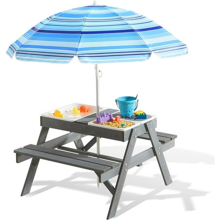 3-in-1 Kids Picnic Table, Play Sand and Water Sensory Table with Height Adjustable Umbrella & Removable Tabletop, Kids Wooden Outdoor Table, with 3 Storage Bins, Upgraded