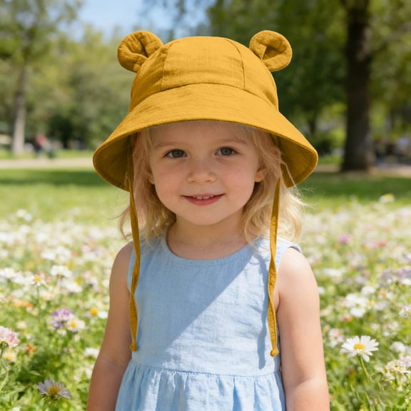 BRGZLK Baby Boys Girls Cotton Sun Hat Summer 2026 Solid Color Cute Ears Breathable Bucket Hat UV Protection Tie-Back Beach Cap Orange 1-2T