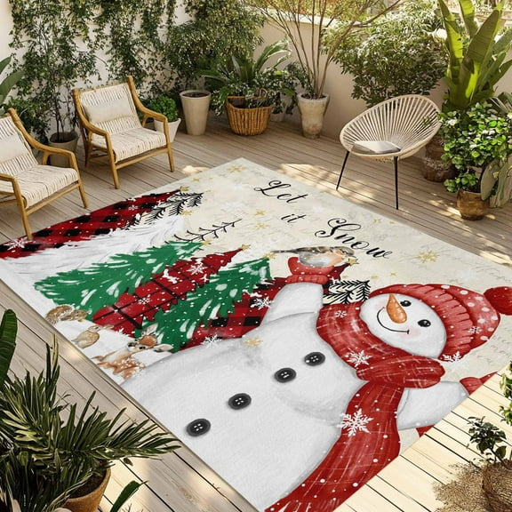 Fsddascl Rustic Christmas Snowman Outdoor Rug for Patio/Deck/Porch, Non-Slip Large Area Rug 5 x 8 Ft, Xmas Tree Snowflake Birds Indoor Outdoor Rugs Washable Area Rugs, Camping Rug Carpet Runner