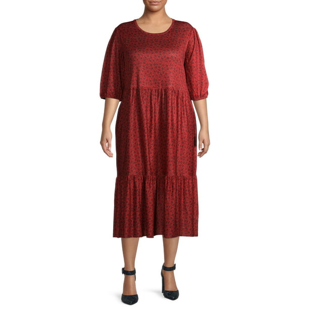 Terra & Sky - Terra & Sky Plus Size Printed Knit Midi Tiered Dress ...