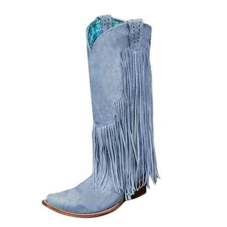

Quealent Women Shoes Cowboy Boots Plus Size Winter Heel Fringe Boots High Heel Boots Tall Boots (Light Blue 8.5)