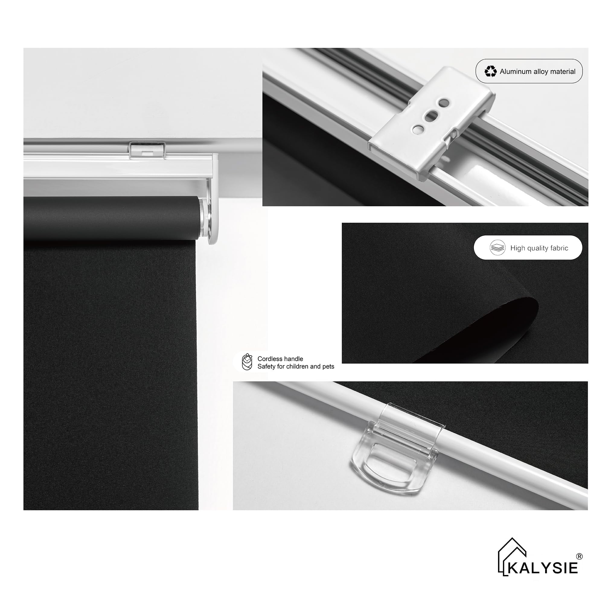 KALYSIE Cordless Roller Shades 100% Blackout Blinds for Windows and Doors, Pull Down Room Darkening Window Shades, Easy to Install for Home and Office, Grey, Fixed 75 Inches High, 35 Inches Width