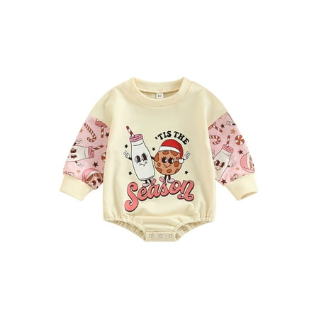 

Infant Baby Girl Boy Christmas Oversized Sweatshirt Romper Cookies Season Print Bodysuit Cute Xmas Winter Clothes