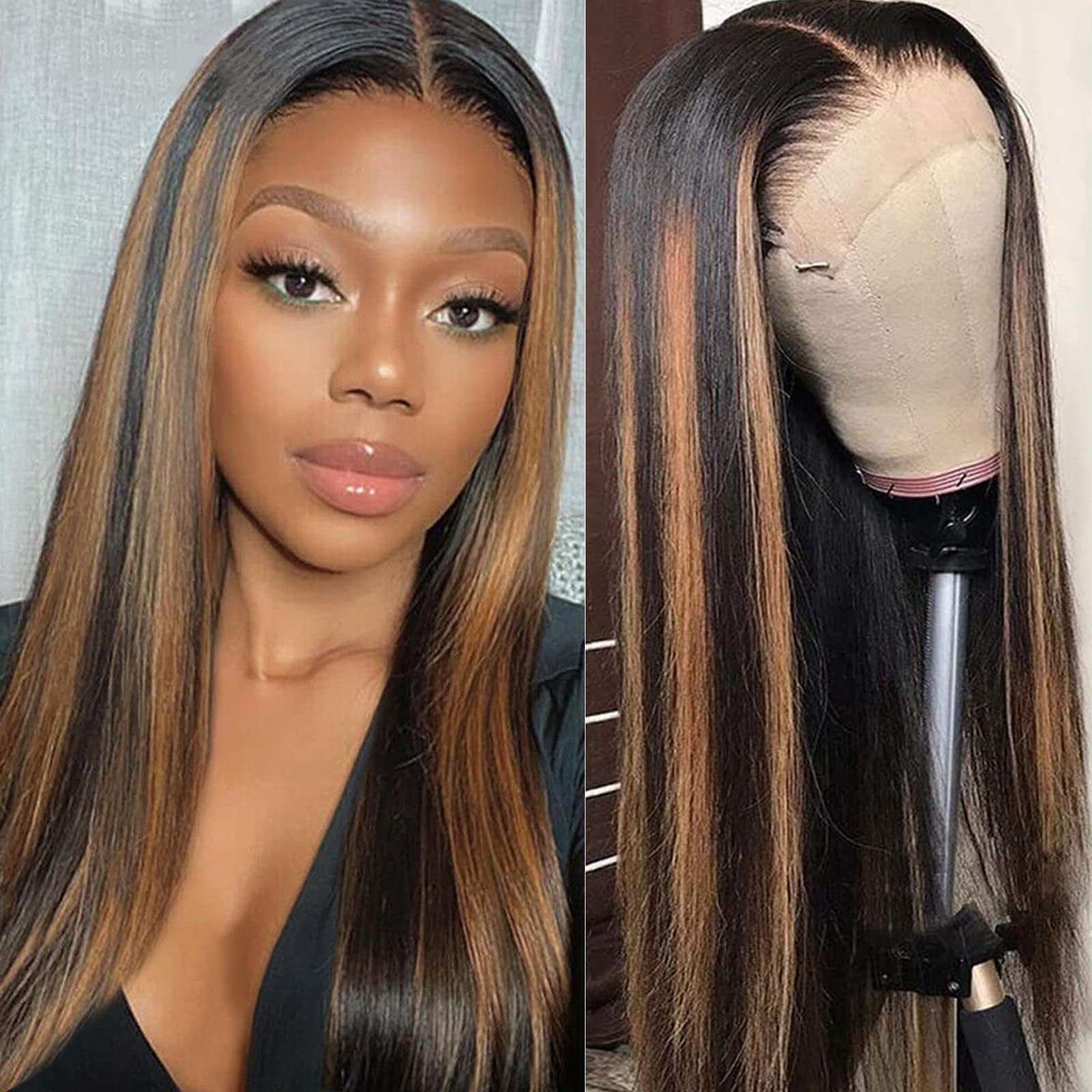 Long Straight Highlights Wig for Black Women Brown Mixed Blonde