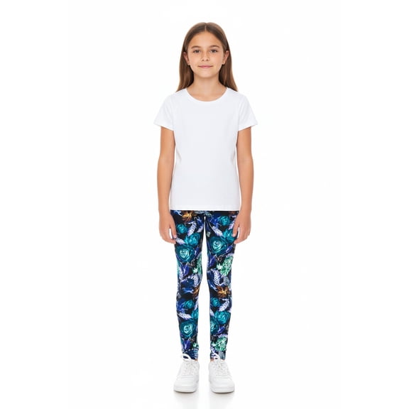 Creamy Soft Girls Kids Size Leggings, High Rise, Stretchy - by USA Fashion Electric Blue Floral Butterfly Medium