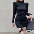 thumbnail image 3 of Spring Women Fashion Solid Color Stand Neck Sexy Tight Leg Loops Long-sleeved Dress, 3 of 7