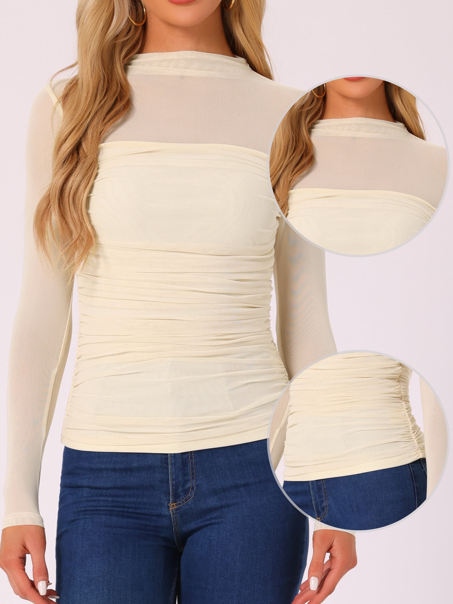 DARING DIVA Women's Sheer Panel with Side Shirring Mesh Top S Beige