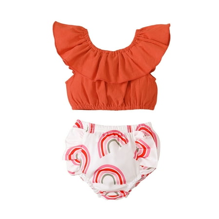 

Kucnuzki 0 Months Baby Girl Summer Outfits Shorts Sets 3 Months Ruffles Sleevle Sweet Lotus Leaf Layer Camisole Tops Elastic Rainbow Cozy Brief Shorts 2PCS Set Orange