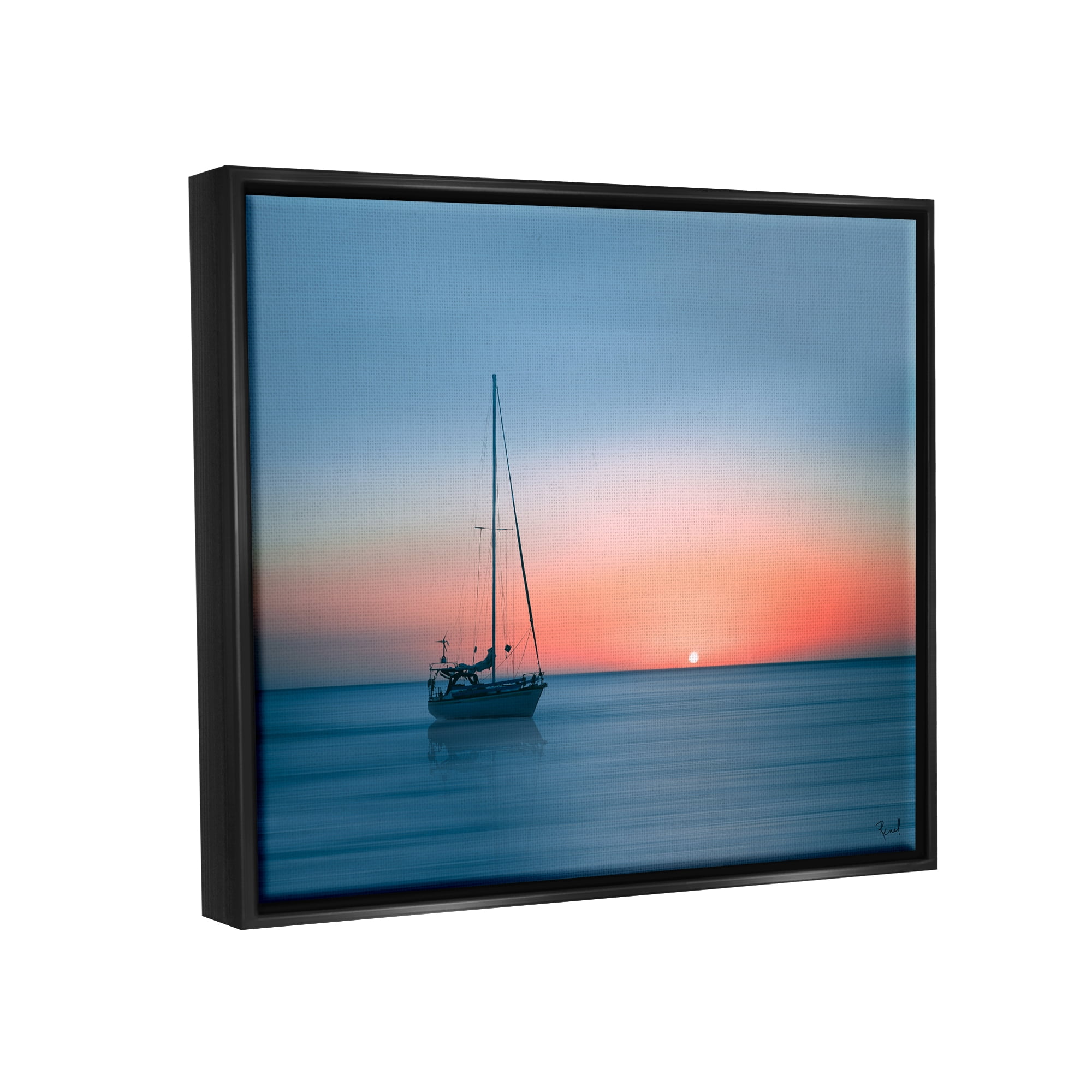 Stupell Industries Boat on Sunset Horizon Transportation Photography Black Floater Framed Canvas Art Print Wall Art, 31 x 25