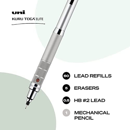uni ball Kuru Toga Elite Mechanical Pencil Starter Kit with Silver Barrel and 0.5mm Tip 60 Lead Refills and 5 Pencil Eraser Refills HB 2
