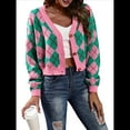 thumbnail image 2 of Suéteres de Punto para Mujer, de Larga, con Rombos, Abertura Frontal, Botones y Cuello en V, Abrigos Cortos Rosa Verde XL, 2 of 10