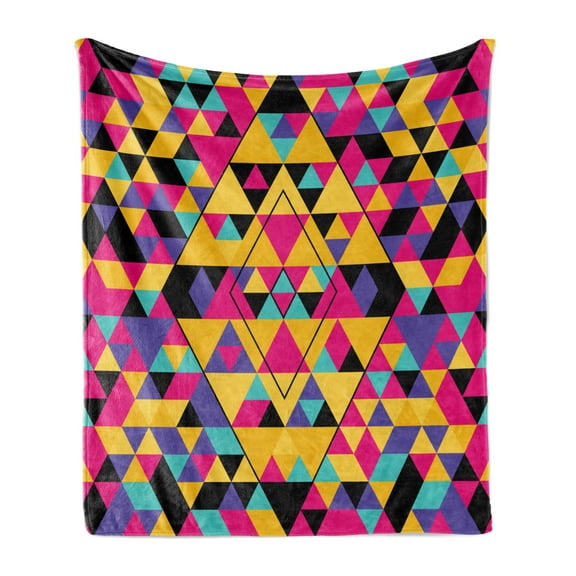 Abstract Soft Flannel Fleece Throw Blanket, Pop Art Style Retro Geometric Triangles Forming Diamond Vivid 90s Boho Design, Cozy Plush for Indoor and Outdoor Use, 70" x 90", Multicolor, by Ambesonne