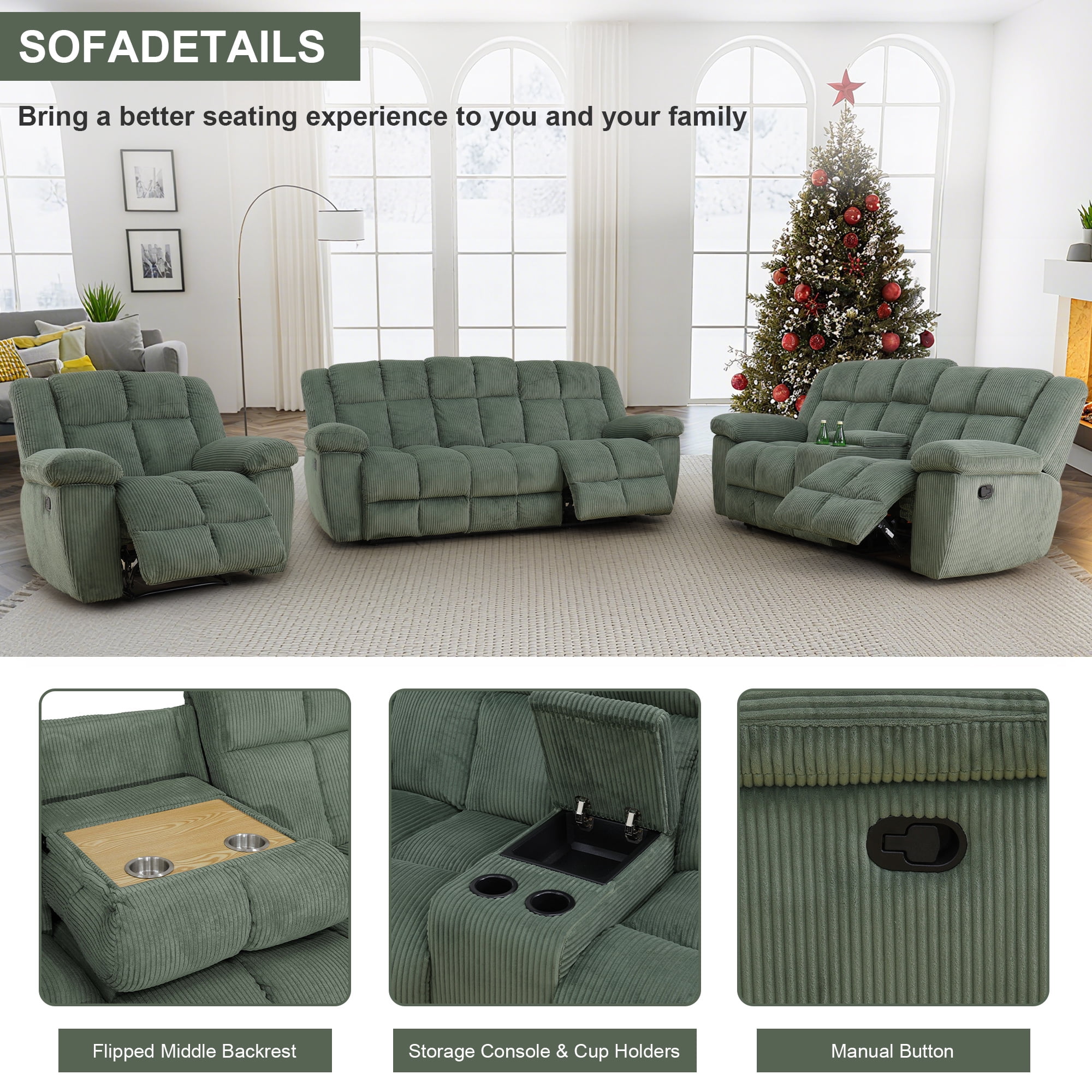 Aukfa 3-Piece Recliner Sofa Set, Oversized Armchair+Loveseat +3 Seat Sofa, 2 Cup Holders&Storage Console, Corduroy, Green
