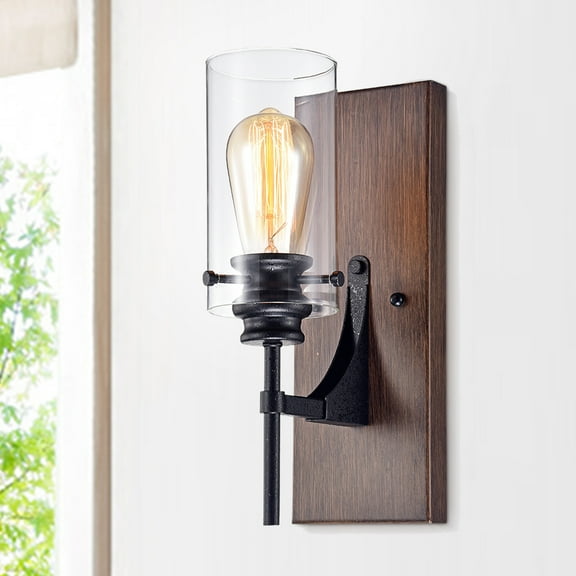 Warehouse of Tiffany Stravo 1-Light Black and Faux Wood Finish Metal Wall Sconce with Glass Cylinder Shade (includes Edison Bulb)