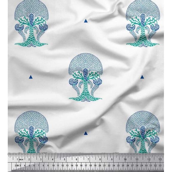 Soimoi Poly Georgette Fabric Tree Block Printed Fabric 1 Yard 42 Inch Wide